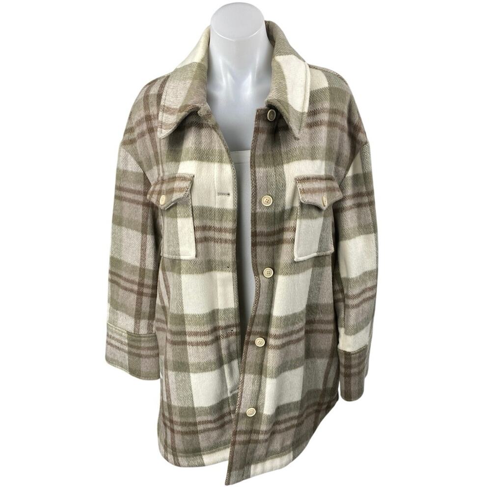 MNG Mango Brown Tan Plaid Checkered Long Sleeve Button Down Shirt Jacket Sz XS-S